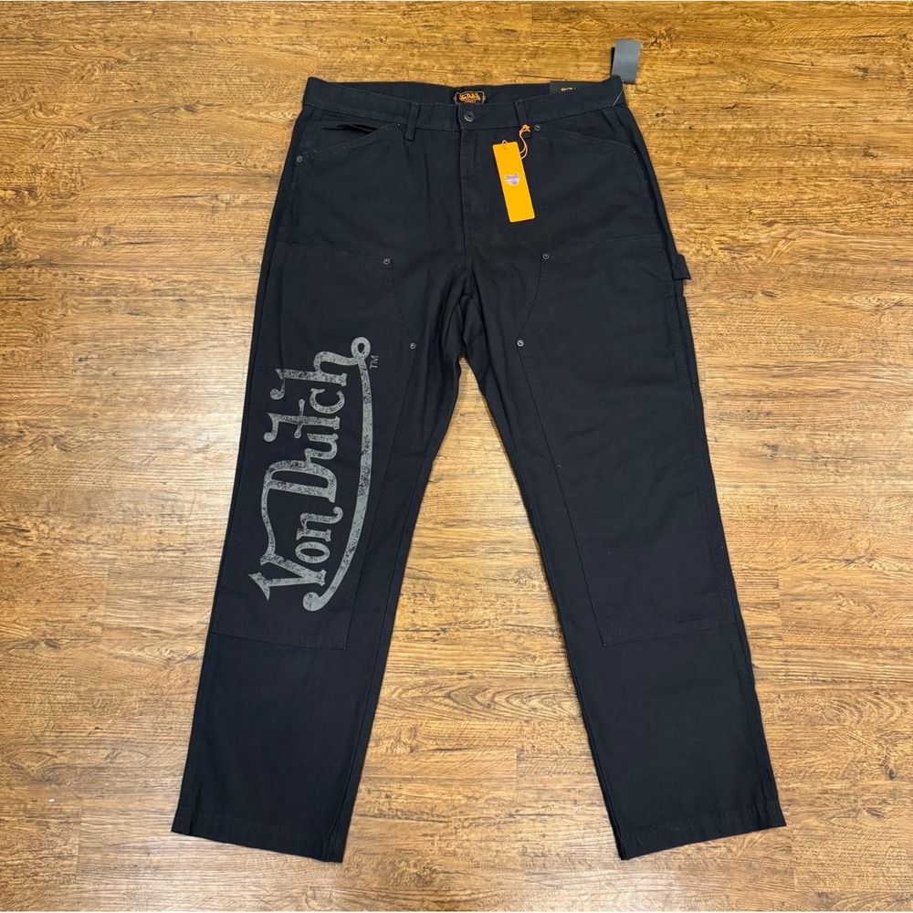 Von Dutch Black Logo Eye Patch Workwear Double Knee Carpenter Pants Men's 38x32